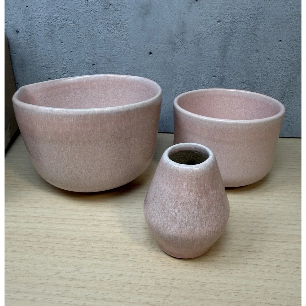 STONEWARE MATCHA SET 3 Pieces Light Pink Ceramic Spouted Bowl‎ Tea Cup Whisk